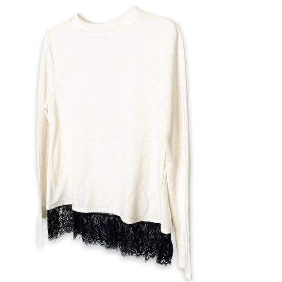 LOFT Outlet Light Sweater Winter White Cream Crew Neck Black Lace Hem Size Small - Picture 4 of 10
